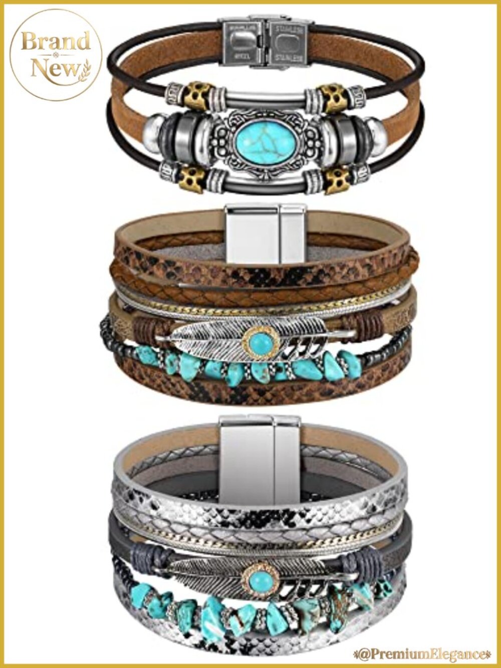 3 Pcs Boho Western Turquoise Bracelets Leather Wrap Women